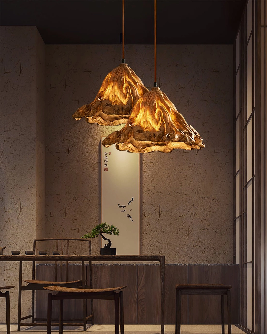 Volcano pendant lamp wabi-sabi organic form textured surface artistic sculptural lighting piece