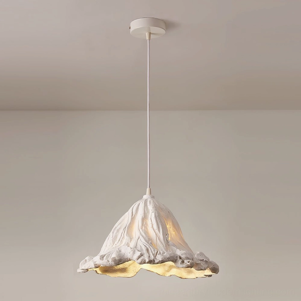 White Volcano pendant lamp with minimal design showing yellow trim detail and modern hanging hardware