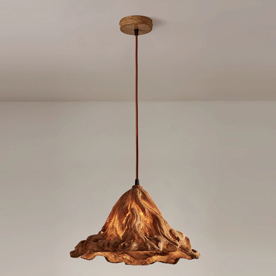 Brown Volcano pendant lamp installed in minimalist interior with wooden ceiling canopy and natural rustic texture