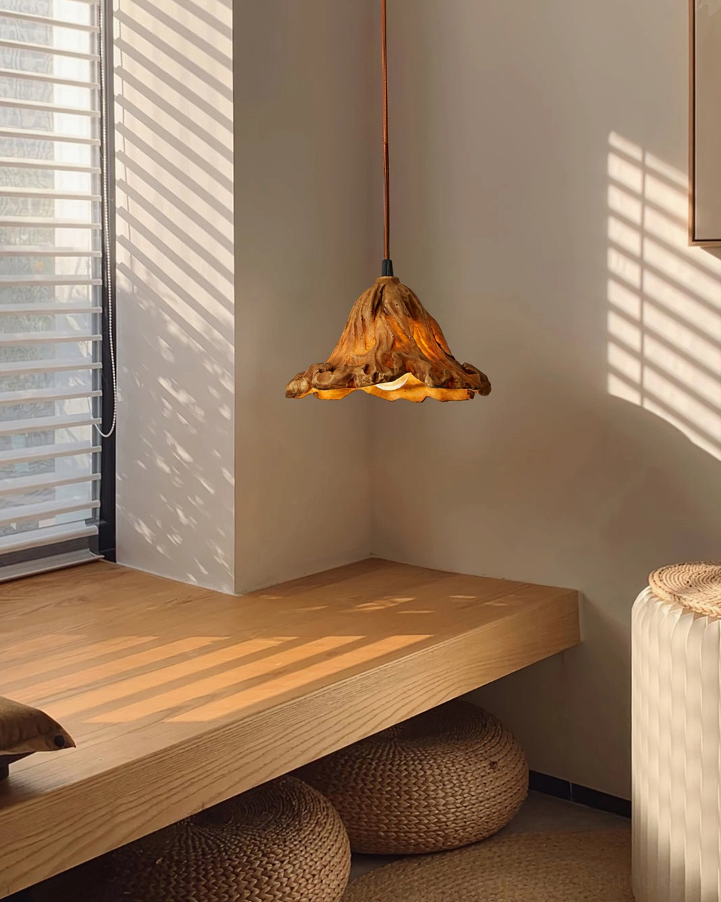 Volcano pendant lamp brown wood color finish natural rustic aesthetic japandi interior design