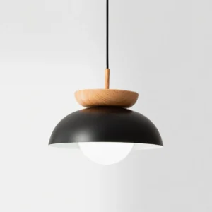 Volo Scandinavian pendant lamp overhead angle showing spherical glass shade and wood-toned metal frame