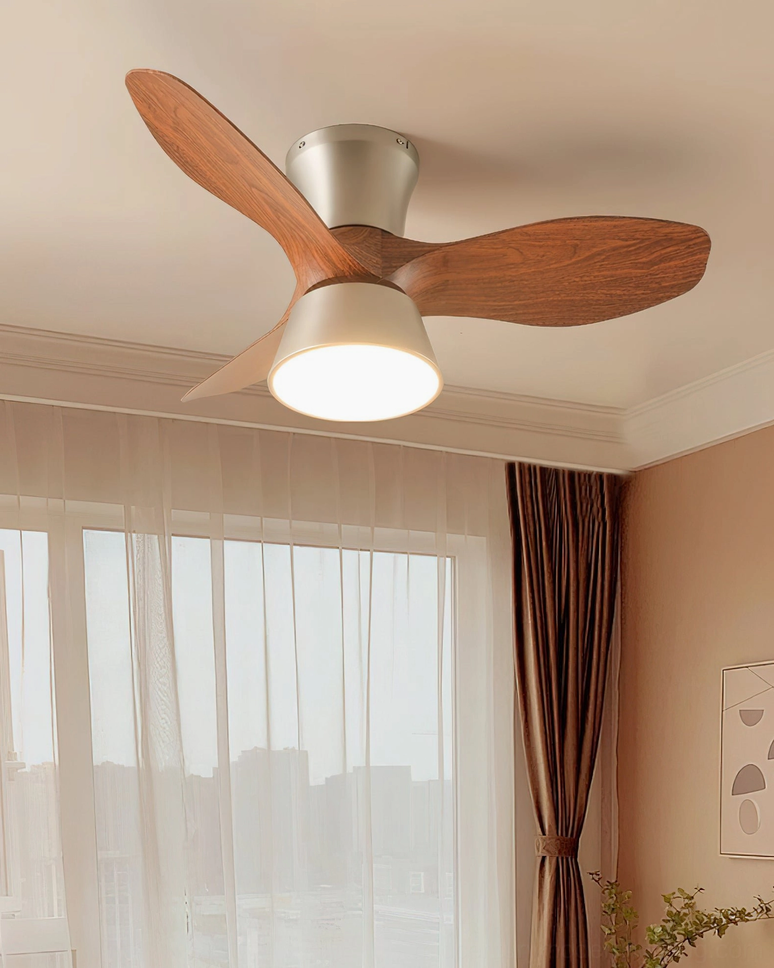DC ceiling fan light in apartment with floor-to-ceiling windows and warm wall decor styling
