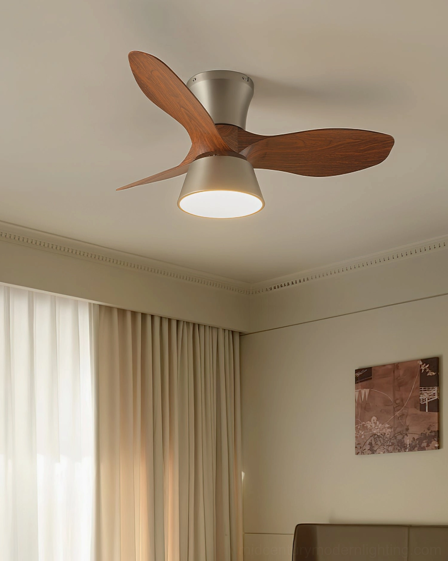 Volos ceiling fan light in cozy bedroom setting with wall painting and layered window curtains