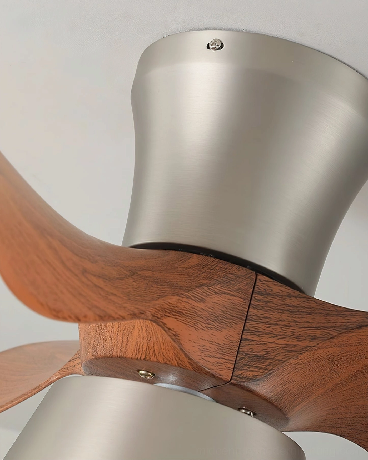 Volos DC ceiling fan light with integrated LED showing three-blade configuration and modern metal finish