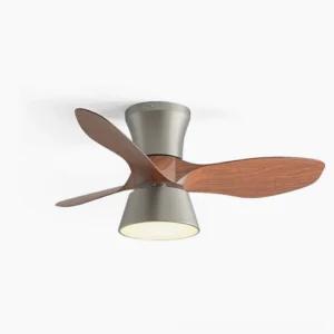 Volos DC ceiling fan light with walnut wood blades and brushed nickel metal finish, modern flat studio view