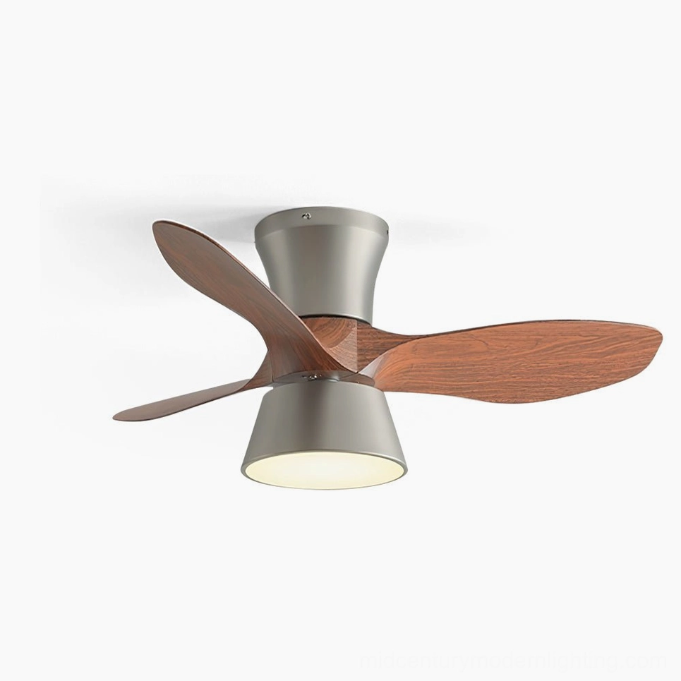 Volos DC ceiling fan light with walnut wood blades and brushed nickel metal finish, modern flat studio view