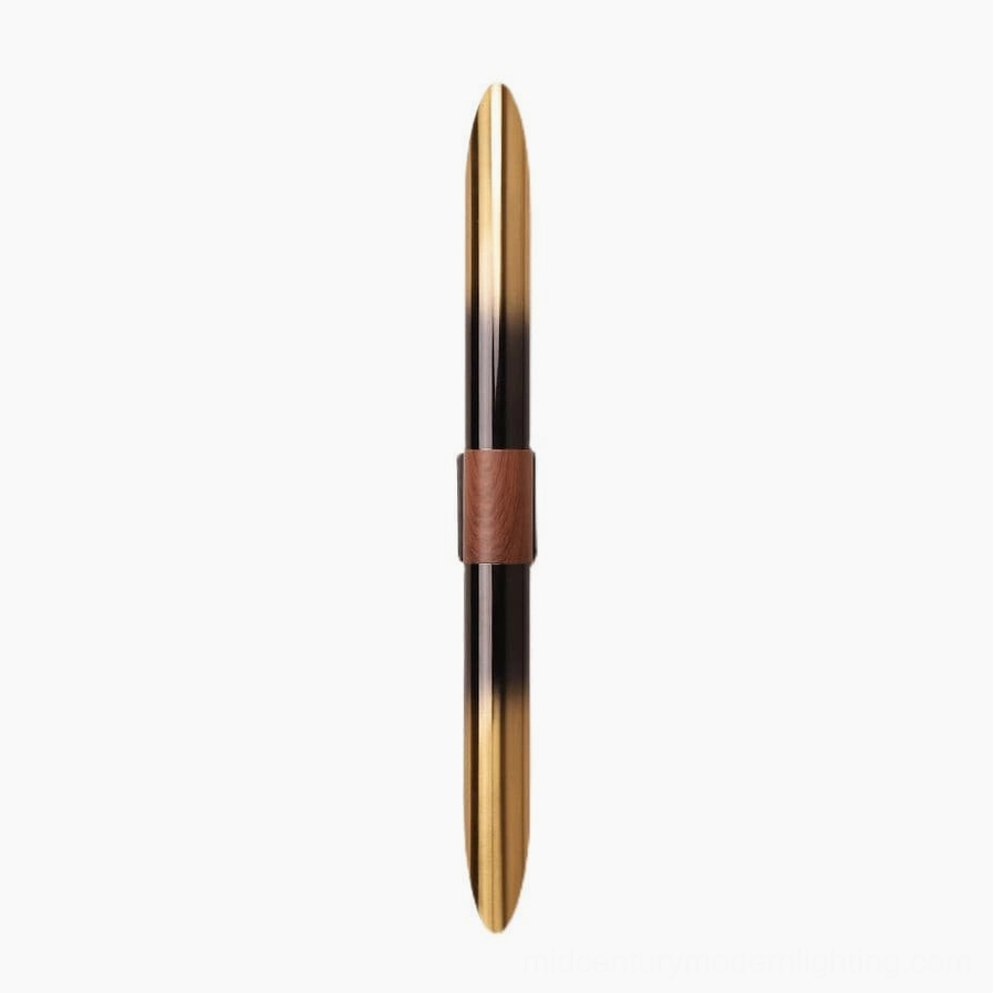 Voya wall lamp in black-and-gold gradient finish with leather detail, studio flat shot