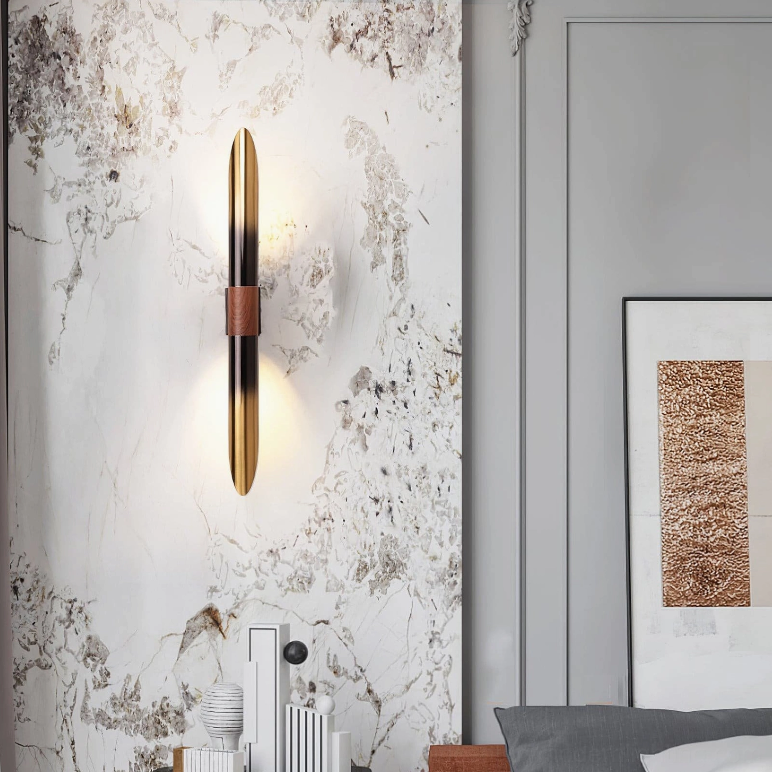 Voya wall lamp in luxury minimalist bedroom with marble accent wall, ambient lighting