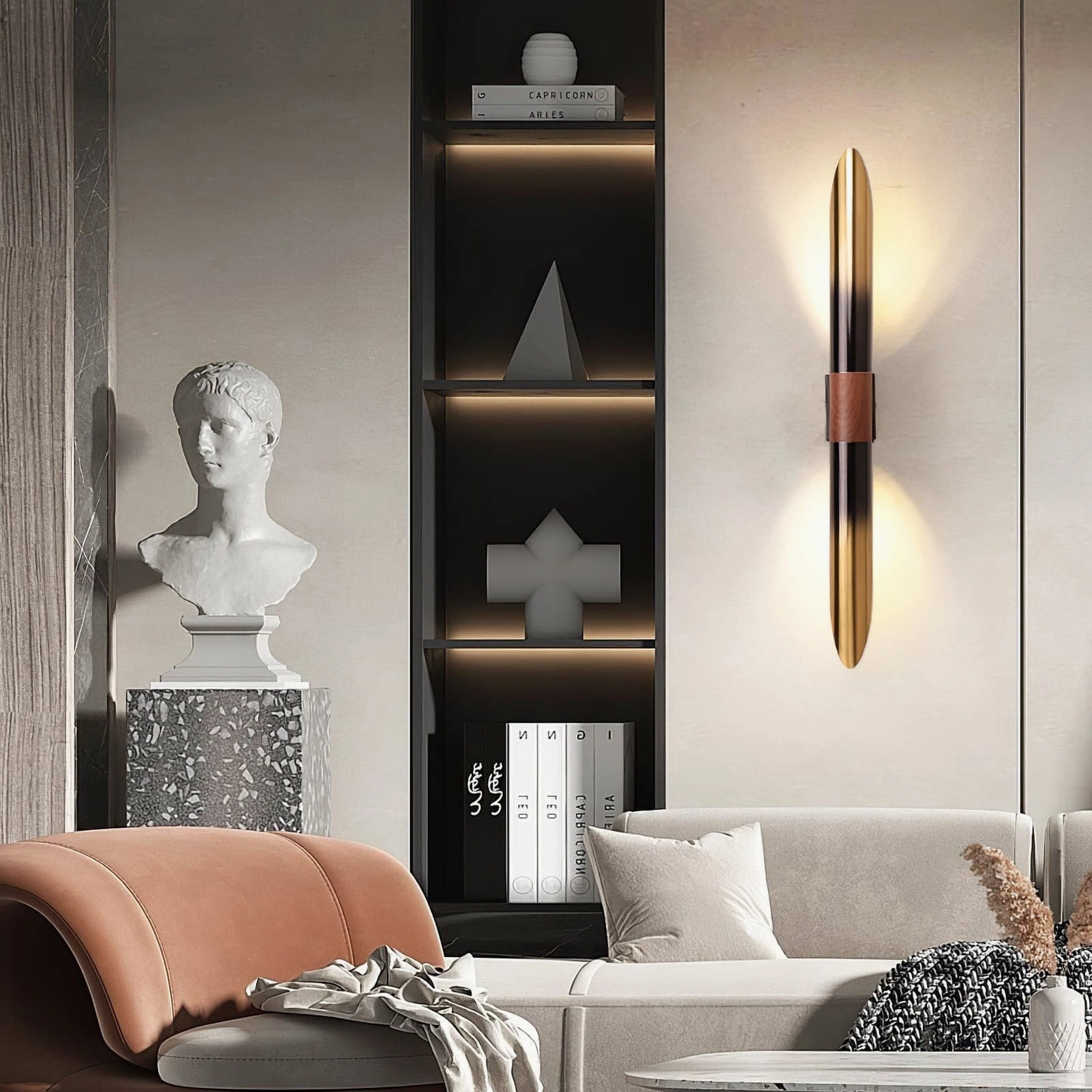 Voya mid-century modern wall lamp detail shot showcasing metal craftsmanship and leather strap