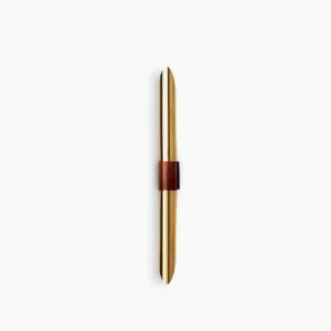 Voya minimalist wall lamp with gold finish and brown leather accent strap, front view on white background