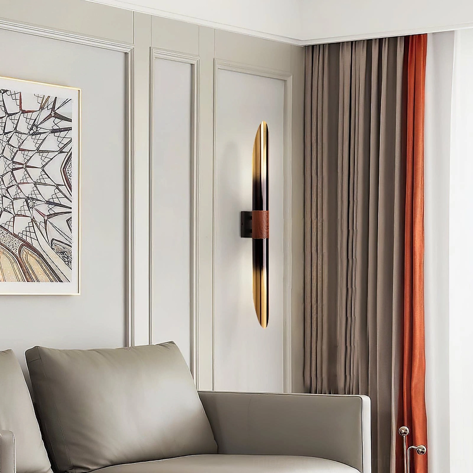 Voya minimalist wall lamp in contemporary living room with sofa and paneled wall design