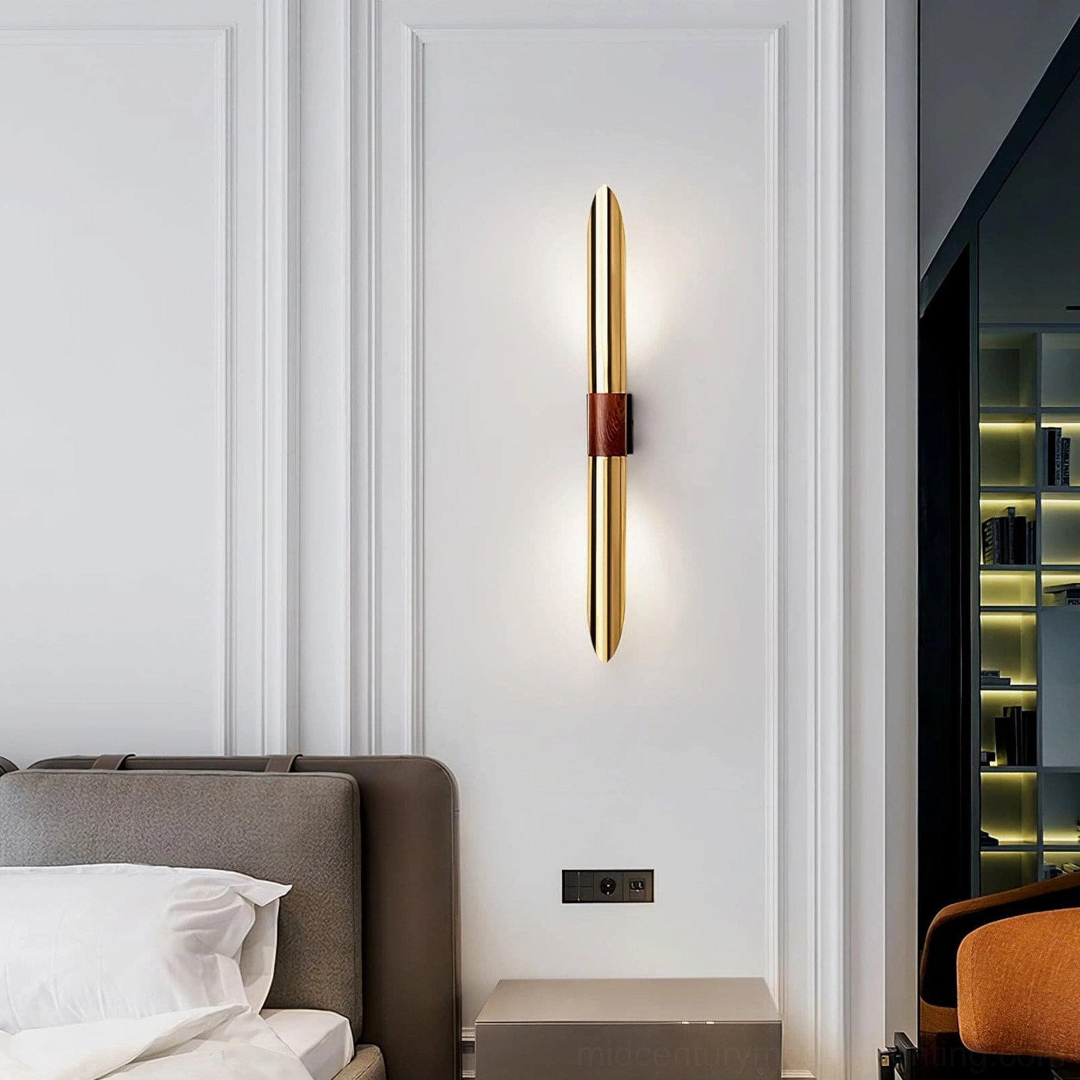 Voya wall lamp as bedroom accent light in modern master bedroom with paneled walls