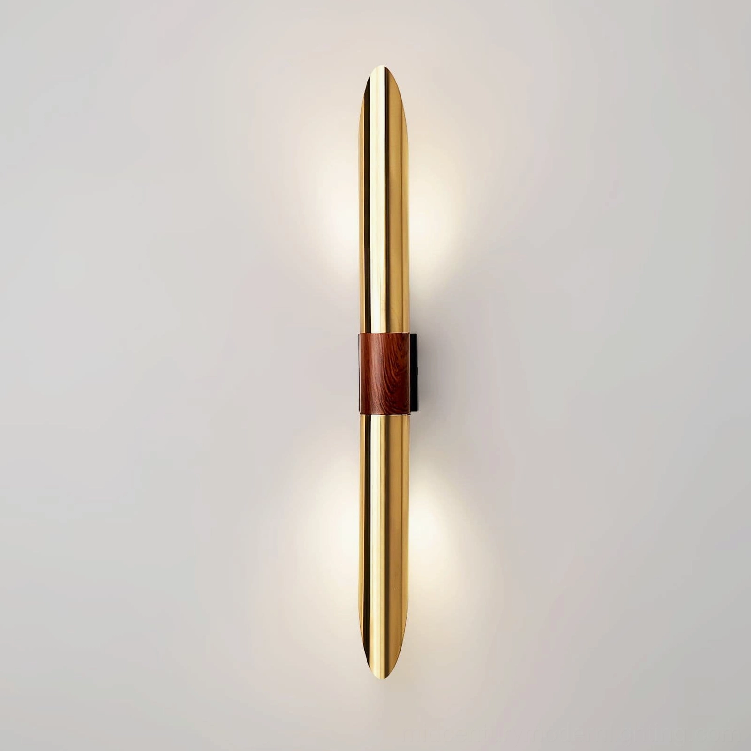 Voya wall lamp mounted on interior wall with warm LED backlight glow, side view
