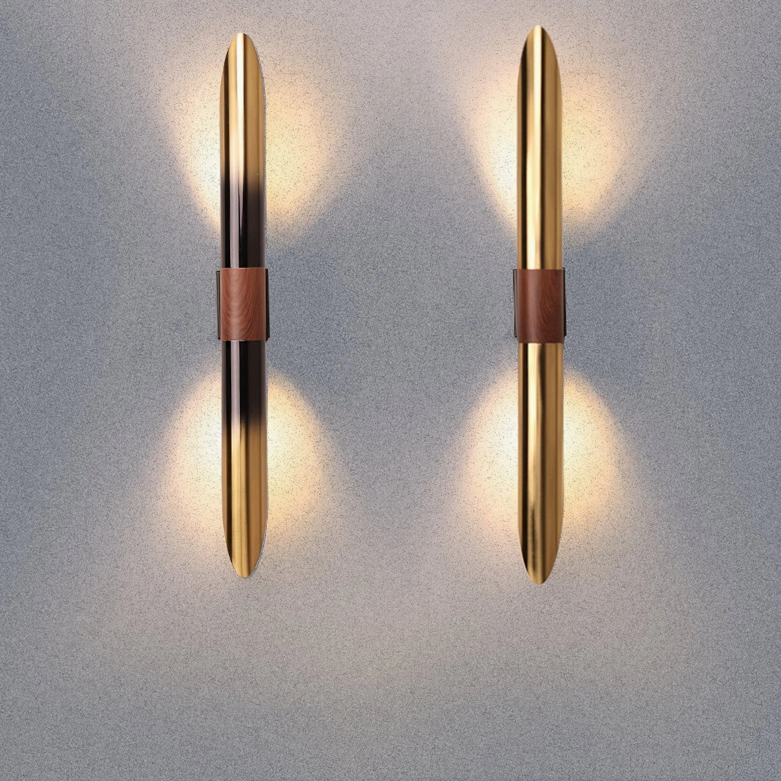 Pair of Voya wall lamps in mixed finishes on textured grey wall, symmetrical styling