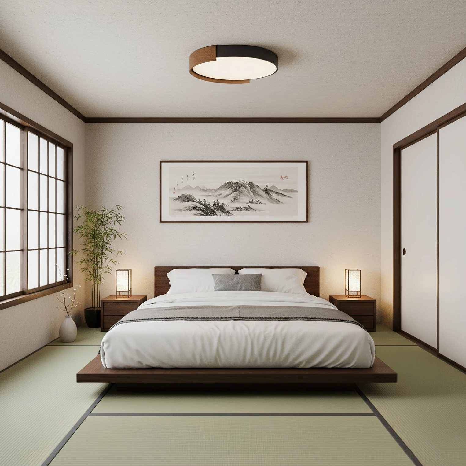 Wabi-sabi minimalist ceiling light in japanese tatami bedroom with natural materials