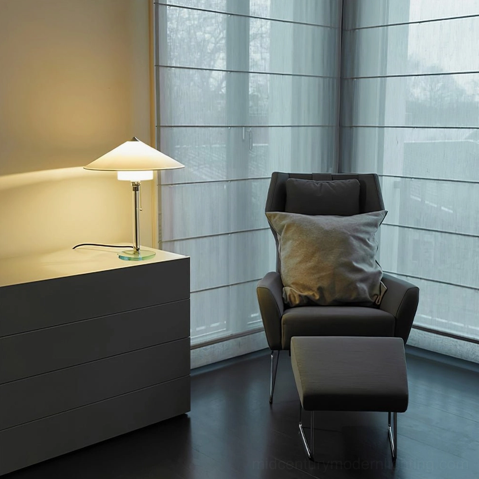 Wagenfeld chrome table lamp on modern bedroom dresser space warm indoor ambient lighting atmosphere
