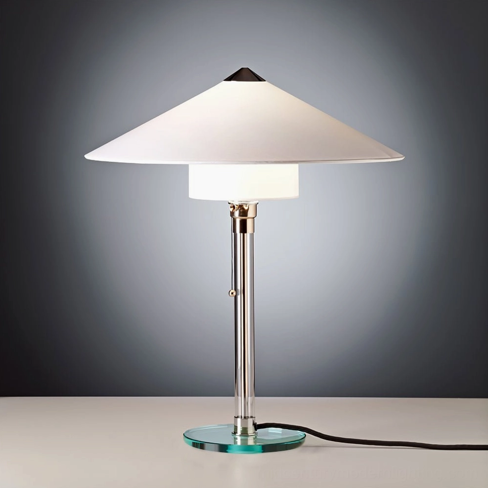 Wagenfeld Bauhaus table lamp chrome pole black finial attached power cord gradient grey studio background