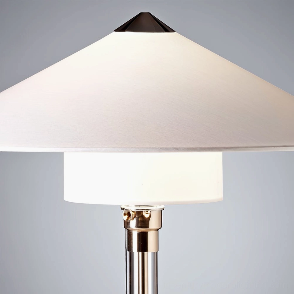 Wagenfeld table lamp macro close-up polished chrome metal joint fabric shade texture construction detail