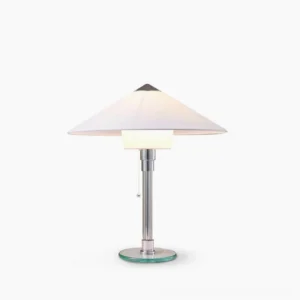 Wagenfeld table lamp with chrome metal stand, conical white fabric shade, and transparent glass base - front studio view