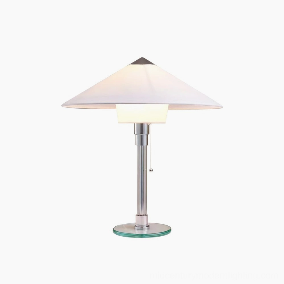 Wagenfeld iconic Bauhaus table lamp tinted clear glass base polished chrome pole full product view