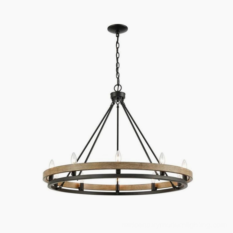 Large 10-head wagon wheel chandelier with full dual ring design and complete wood metal construction on minimalist white background