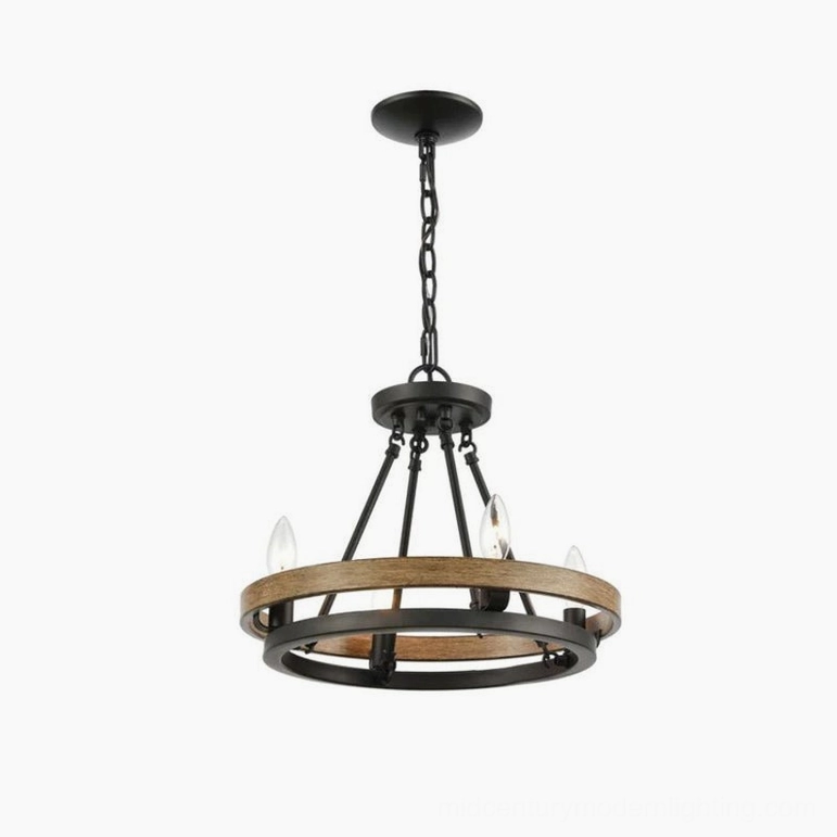 Compact 4-head wagon wheel chandelier with three candle bulbs in minimalist white background showing small rustic design