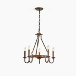 5-light wagon wheel chandelier with dark bronze metal and weathered wood ring overhead studio view