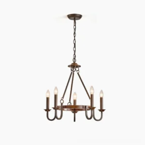 5-light wagon wheel chandelier with dark bronze metal and weathered wood ring overhead studio view
