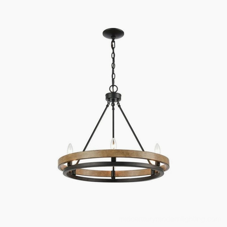 Medium 6-head wagon wheel chandelier with wood and metal rustic design featuring balanced proportions on white background