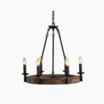 Wagon wheel chandelier front overhead view with six candle-style bulbs, featuring dark metal rods and weathered wood circular frame against white background