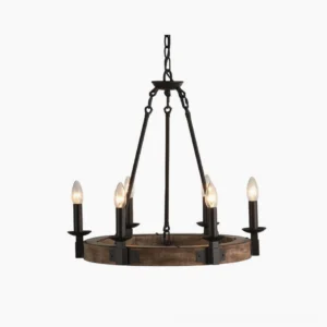Wagon wheel chandelier front overhead view with six candle-style bulbs, featuring dark metal rods and weathered wood circular frame against white background