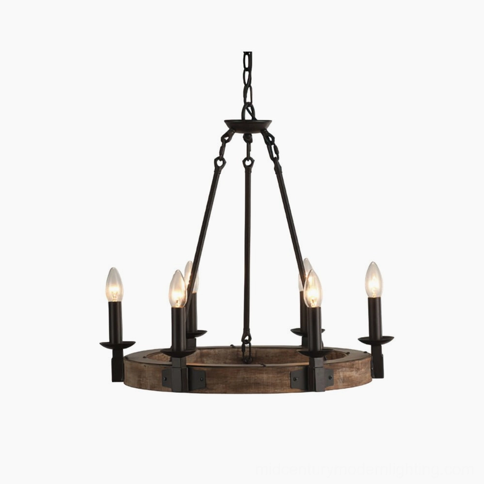 Wagon wheel chandelier front overhead view with six candle-style bulbs, featuring dark metal rods and weathered wood circular frame against white background