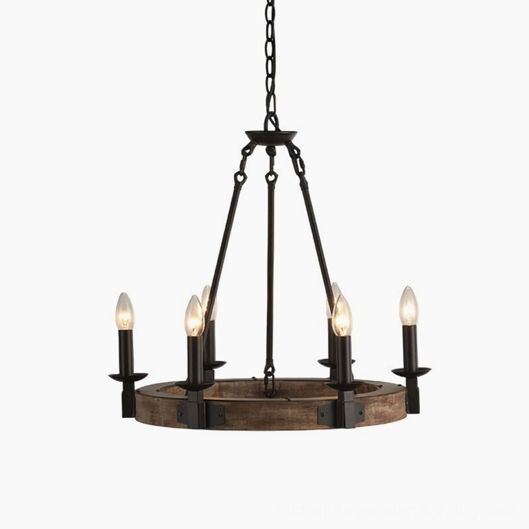 Wagon wheel chandelier front view fully lit with six candle-style bulbs illuminated, showcasing vintage rustic industrial aesthetic against white background