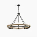 Wagon wheel chandelier front overhead view with black metal frame and walnut wood accents featuring 5 candle bulb sockets on minimalist white background