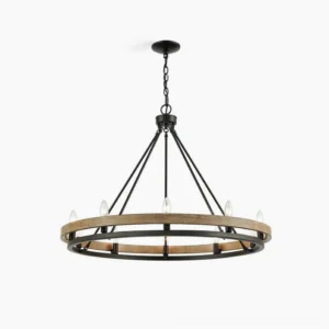 Wagon wheel chandelier front overhead view with black metal frame and walnut wood accents featuring 5 candle bulb sockets on minimalist white background