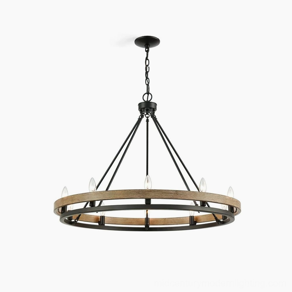 Wagon wheel chandelier front overhead view with black metal frame and walnut wood accents featuring 5 candle bulb sockets on minimalist white background