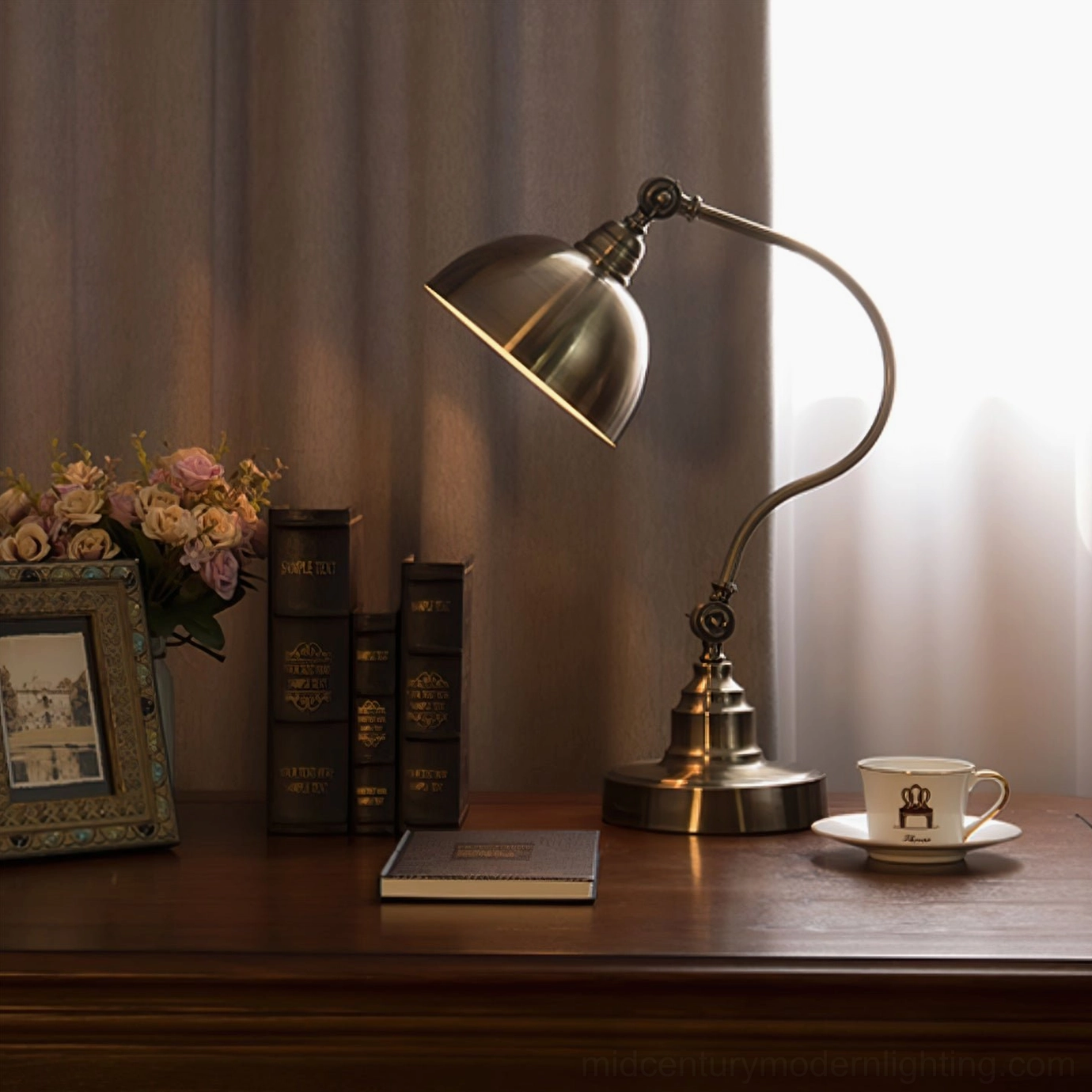 Wallace antique brass gooseneck table lamp on vintage study desk, warm ambient lighting