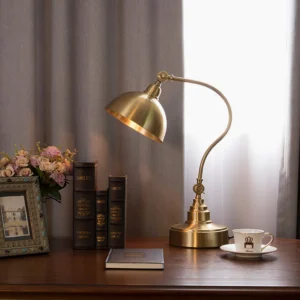 Wallace brass desk lamp styled on study desk with books and floral accessories, side profile