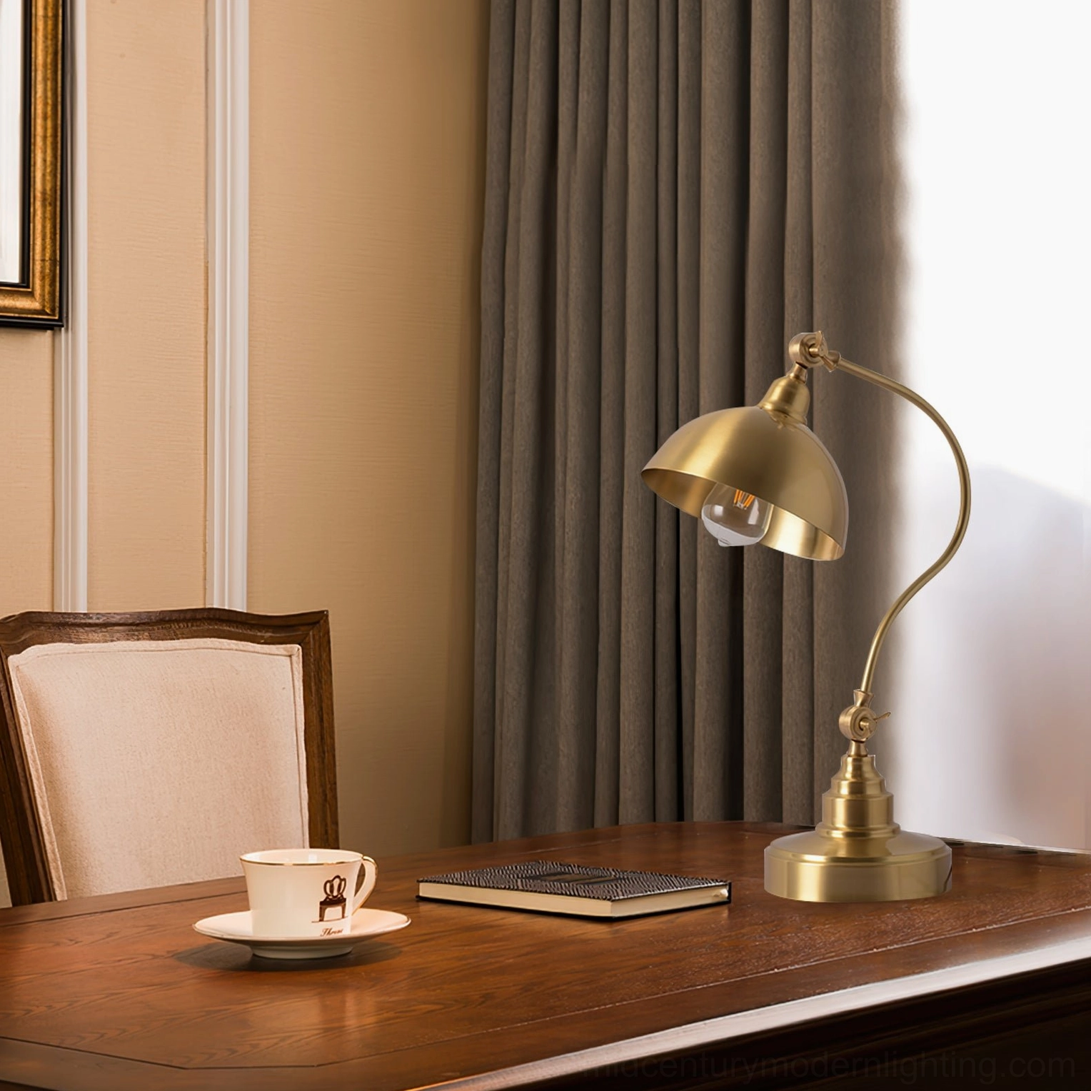 Wallace vintage brass table lamp on formal wooden study desk with traditional decor, low angle side view