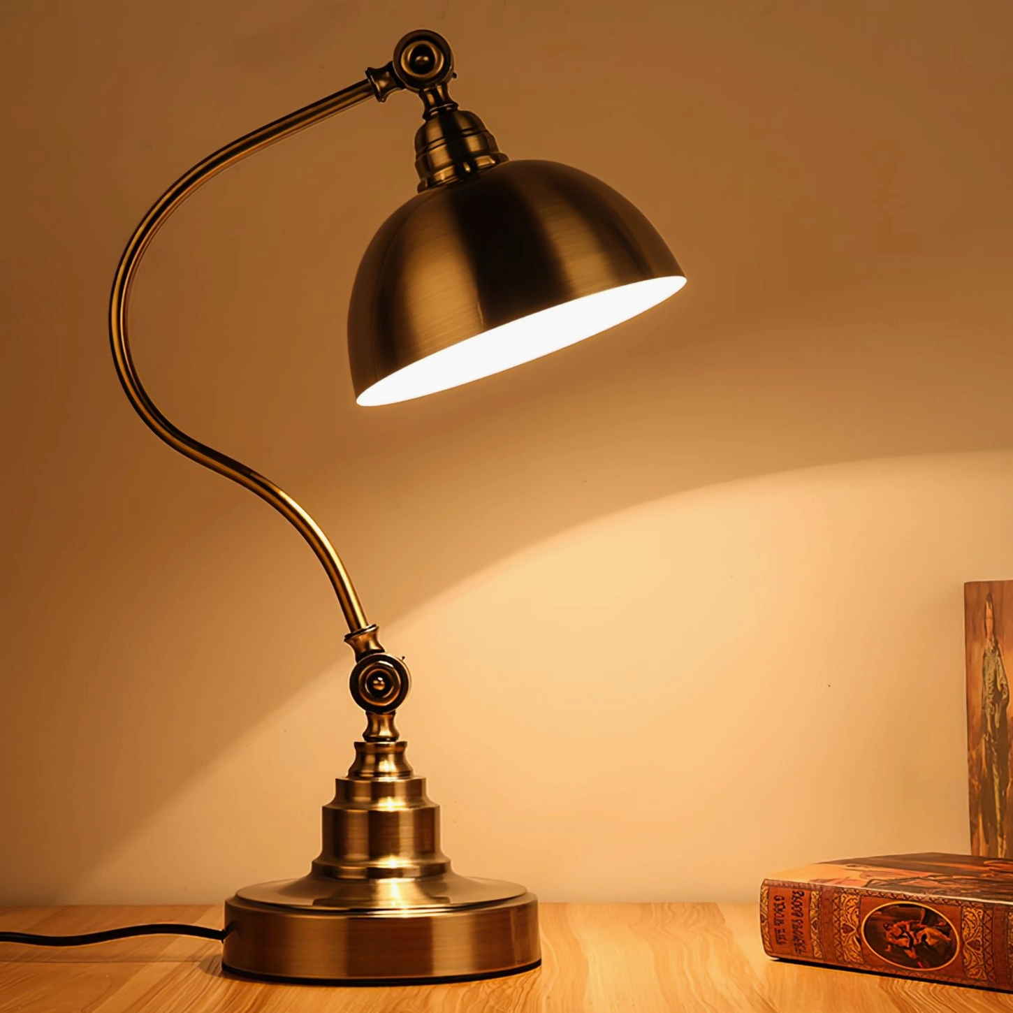 Wallace antique bronze table lamp casting warm light in home study nook, elegant curved arm