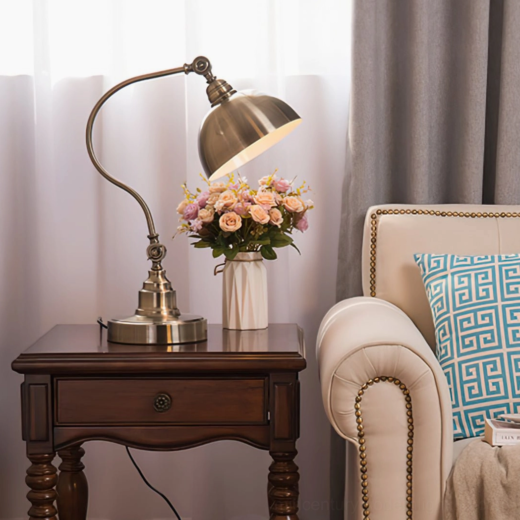 Wallace brass adjustable table lamp with curved dome shade, mid-century modern design detail