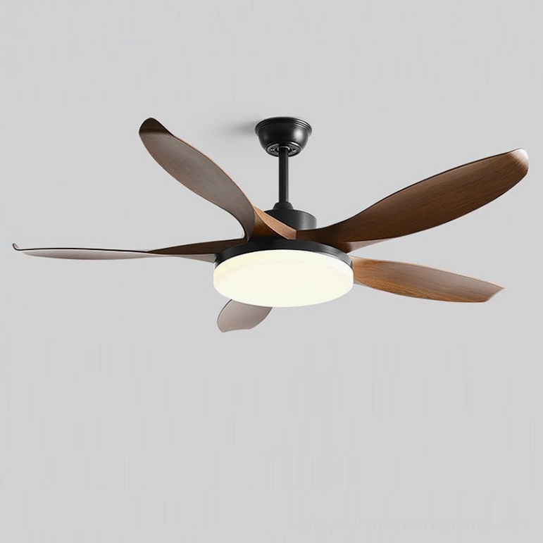 Walnut and black ceiling fan light fixture with three-color changing LED illumination system
