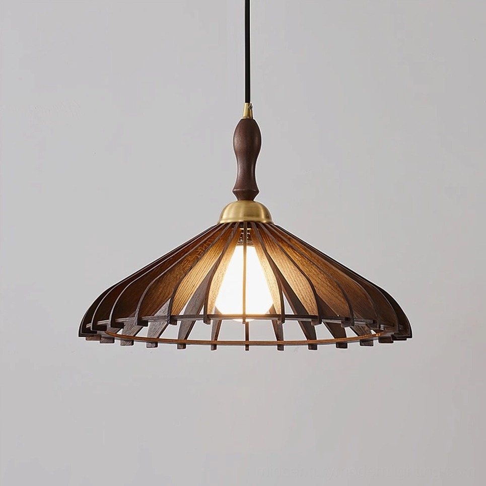 Walnut wood and brass umbrella pendant lamp in minimalist interior with geometric and organic elements
