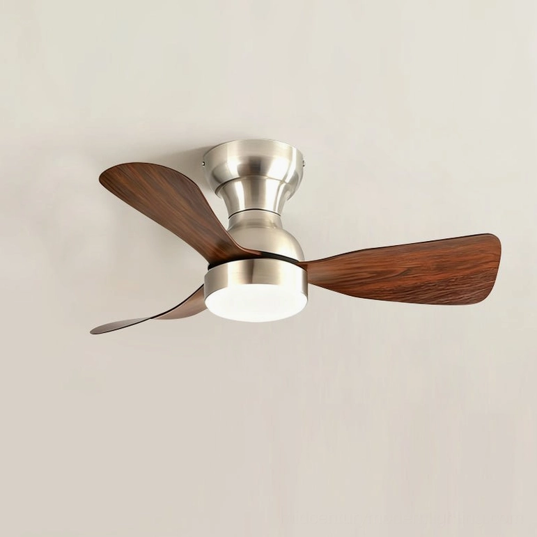 Walnut color and chrome finish ceiling fan light with integrated three-color changing LED, modern flush ceiling mount