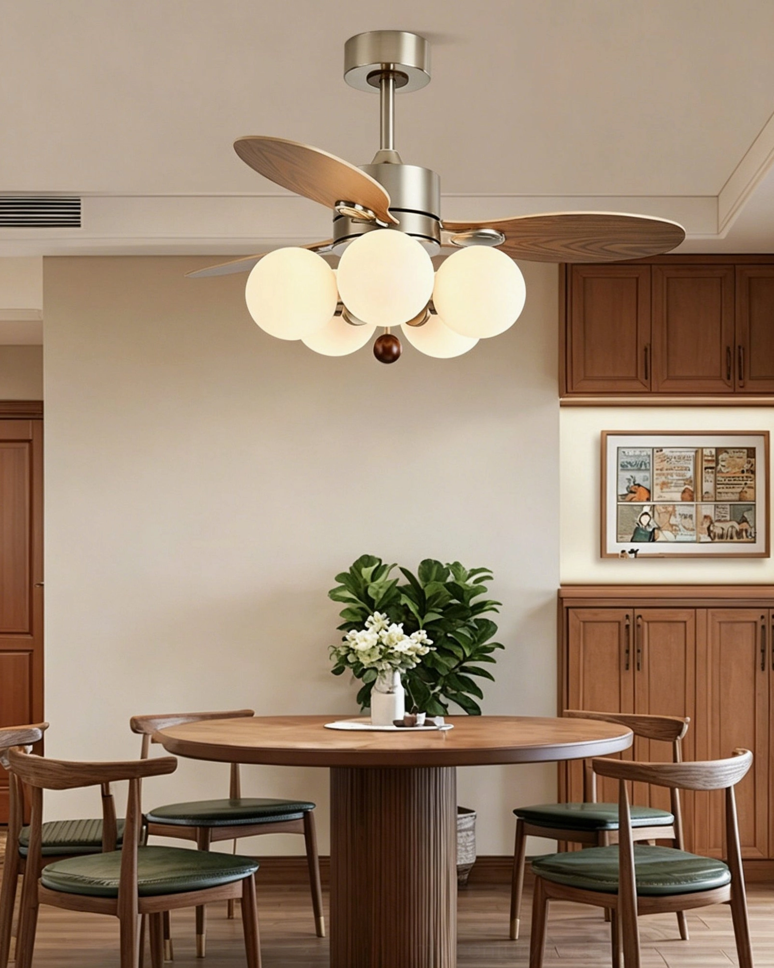 Geometric ceiling fan light fixture in wooden dining room, mid-century modern style complementing warm neutral furniture and natural wood tones