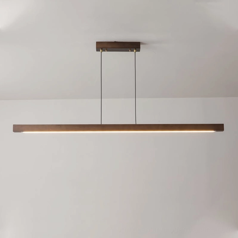 Walnut color and gold 59-inch linear LED pendant light standard size variant with warm lighting