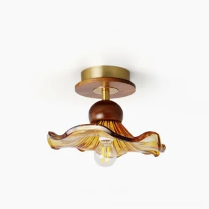 Walnut wood mid-century ceiling light with amber ribbed glass shade and brass hardware, frontal studio view