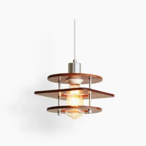 Walnut mid-century modern pendant lamp with tiered wood design and chrome hardware, studio display view