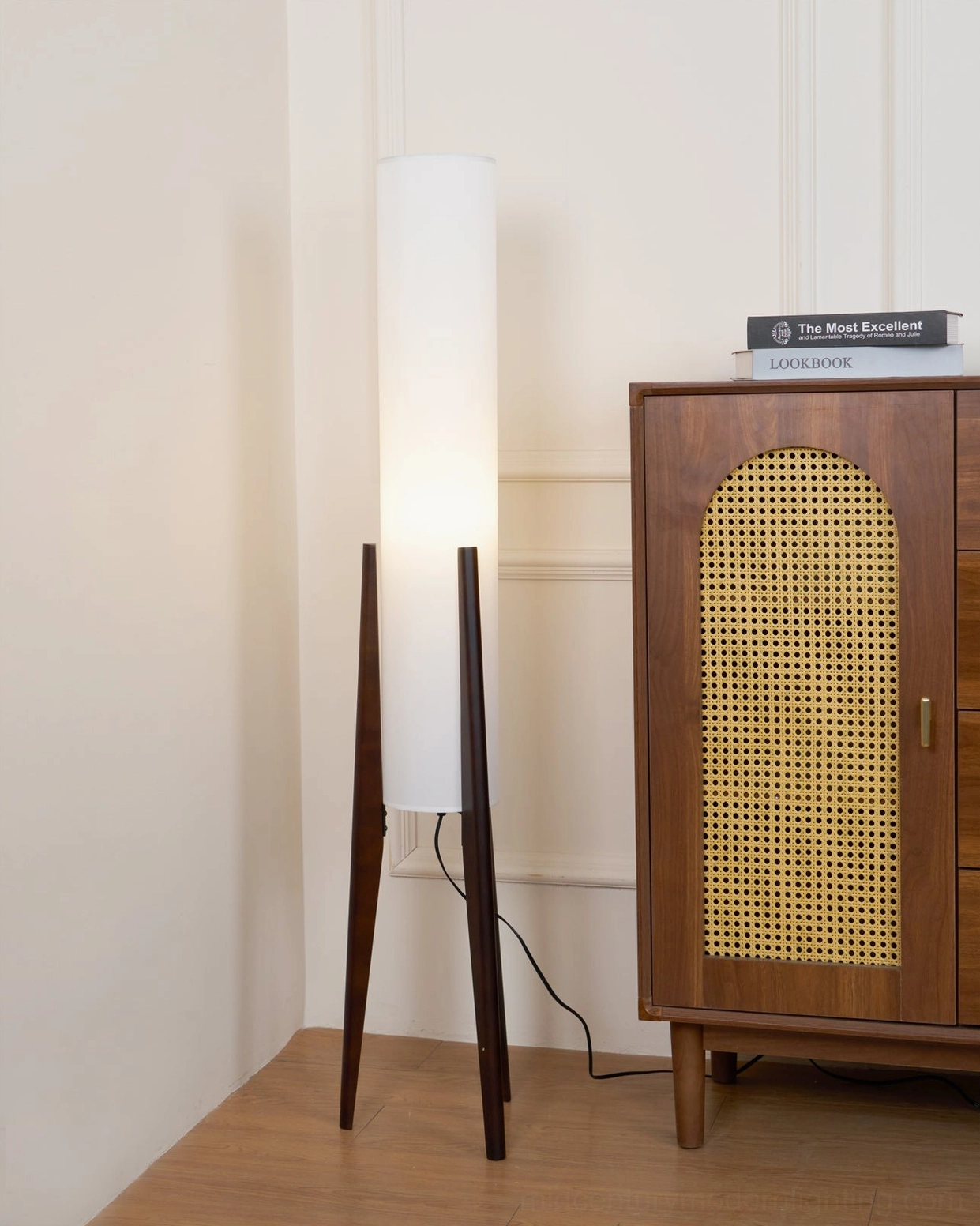Walnut and white linen tripod floor lamp full view showcasing mid-century modern design proportions