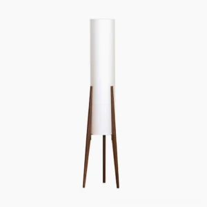 Walnut mid-century modern tripod floor lamp with white linen shade, studio product shot on white background
